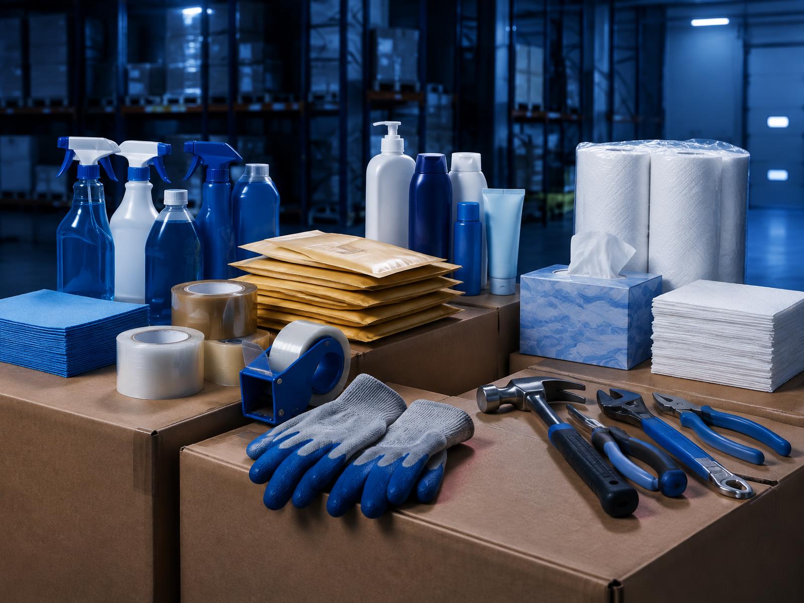 Illustrative arrangement of cleaning supplies, personal care products, packaging, gloves, and tools on shipping cartons